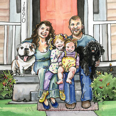 Family on front steps watercolor portrait by Leslie Allyn