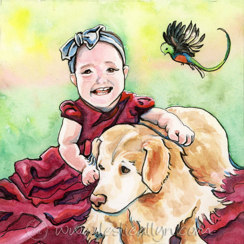 Baby and dog portrait with bird by Leslie Allyn