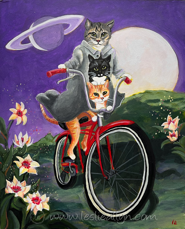 Short Stack acrylic painting of three cats on a bicycle by Leslie Allyn
