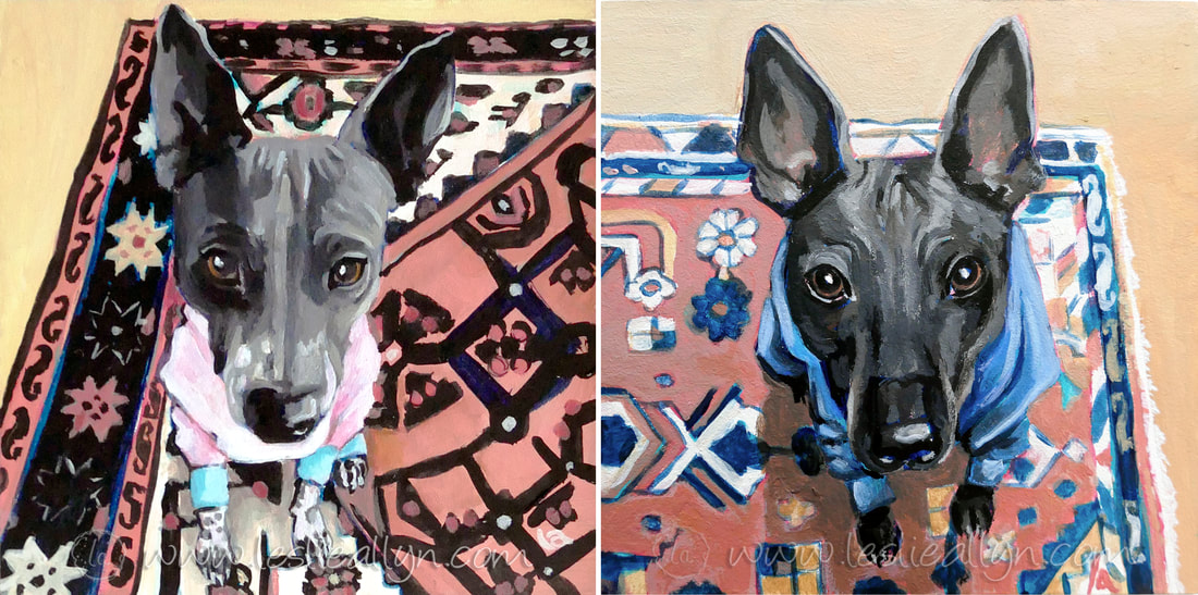 Hairless dog portrait on rugs by Leslie Allyn