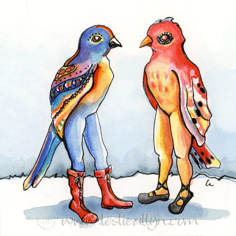 Watercolor painting of two bird ladies talking